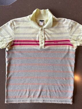 Short-Sleeve Striped Polo in Pale Yellow, Gray & Pink